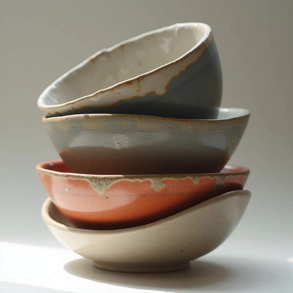 The image features a stack of four ceramic bowls in varying earth tones—gray, orange, and beige—arranged on a reflective white surface. Each bowl has an uneven, organic shape with textured glazes and visible imperfections along the rims. Light falls from the left, creating shadows that emphasize the curves of the bowls and their layered arrangement, while also highlighting subtle color variations within the ceramic material.