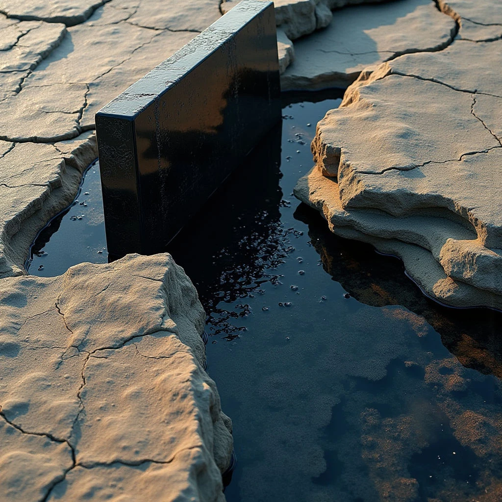 The image features a landscape of cracked earth in warm tan and brown tones, intersected by pools of dark, reflective liquid. A smooth, black rectangular prism stands vertically within one of the fissures, its surface mirroring the surrounding environment. Light appears to come from a low angle, casting shadows that emphasize the rough texture of the ground and creating highlights on the water and the monolith's edges.