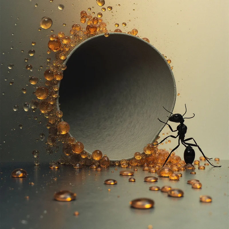 The image features a predominantly muted color palette of browns, grays, and amber tones with a smooth, reflective surface in the foreground transitioning to a blurred beige background. Numerous spherical droplets of varying sizes surround a dark, circular opening that appears textured and matte, contrasting with the polished sheen elsewhere. A small, dark insect is positioned near the edge of the circle, creating a sense of scale within the expansive space.