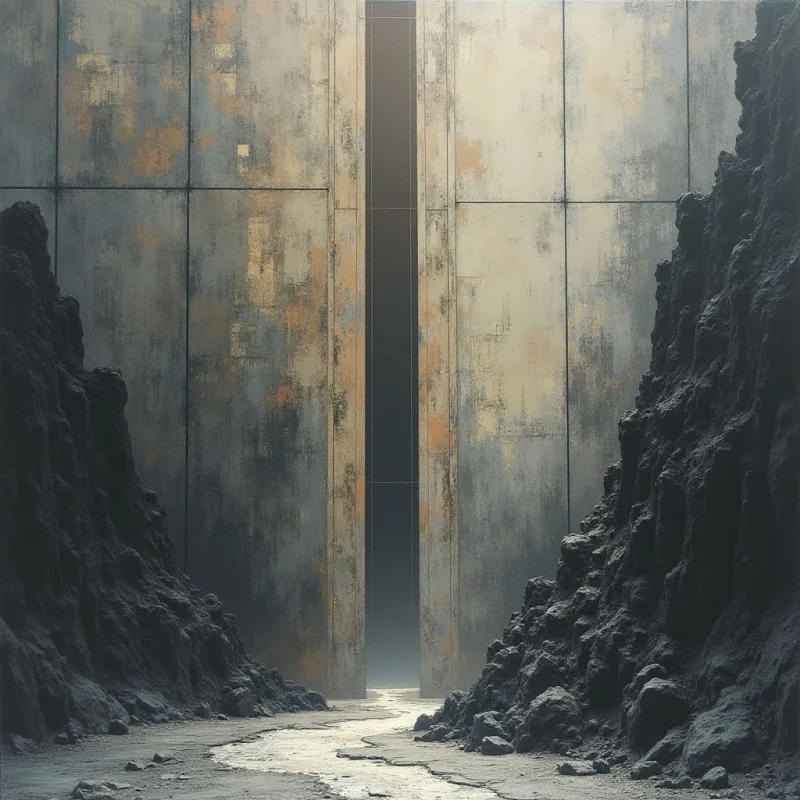 Large, weathered concrete panels in shades of tan and rust form a towering vertical backdrop, bisected by a narrow, dark central slit. Jagged, dark grey rock formations frame the sides of the composition, creating a rugged texture that contrasts with the smooth, flat surfaces of the wall. A pale, winding path leads from the foreground toward the center, illuminated by a soft light emanating from the gap between the monoliths.