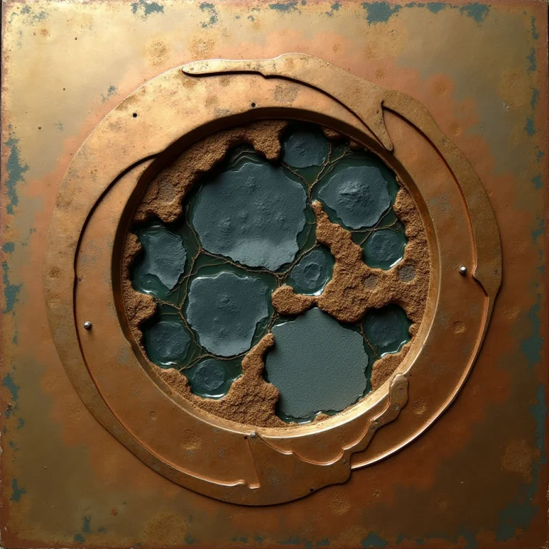The image features a predominantly warm color palette of browns and oranges, with patches of teal visible within fractured circular openings. Rough, granular textures contrast with smoother metallic surfaces, particularly around the raised circular frame which is punctuated by small rivets. Light appears diffused, creating subtle highlights on the various forms and suggesting depth within the central arrangement of broken shapes against a flat background plane.