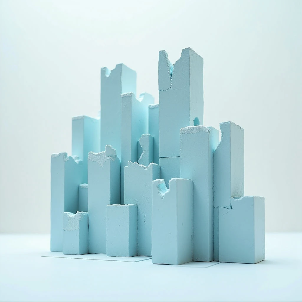 The scene features a cluster of rectangular blocks arranged to resemble a fragmented cityscape, all rendered in varying shades of pale blue. The surfaces exhibit rough, eroded textures with visible breaks and chipped edges, contrasting with the generally smooth planes of each block. Soft, diffused light illuminates the arrangement from above and slightly to the right, creating gentle shadows and emphasizing the three-dimensional spatial relationships between the forms.