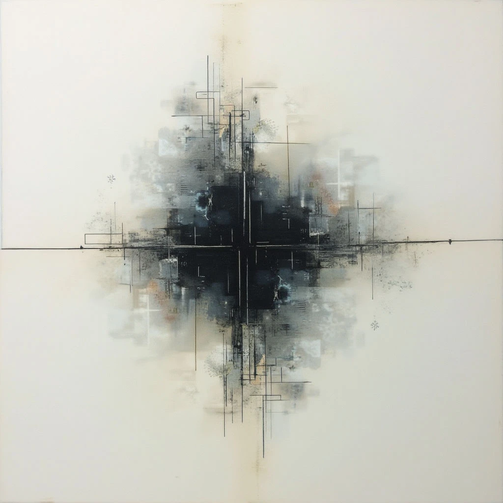 A dark, blurred central shape dominates a pale background, resembling an abstract cityscape or explosion. Fine black lines extend outwards from the center, creating a grid-like structure and suggesting depth. Sparse flecks of white and hints of rust-colored tones add subtle texture to the composition.