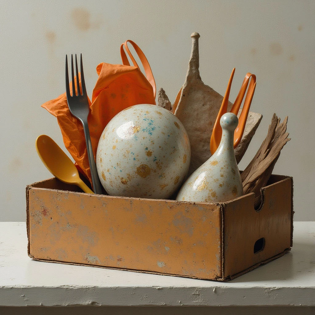 The arrangement features a collection of objects within a rectangular wooden box resting on a pale surface. Colors are primarily muted earth tones – ochre, beige, and gray – punctuated by bright orange plastic bags and utensils. Varied textures include the rough grain of wood, smooth ceramic surfaces, and crumpled paper, while soft light creates subtle shadows and highlights across the composition.