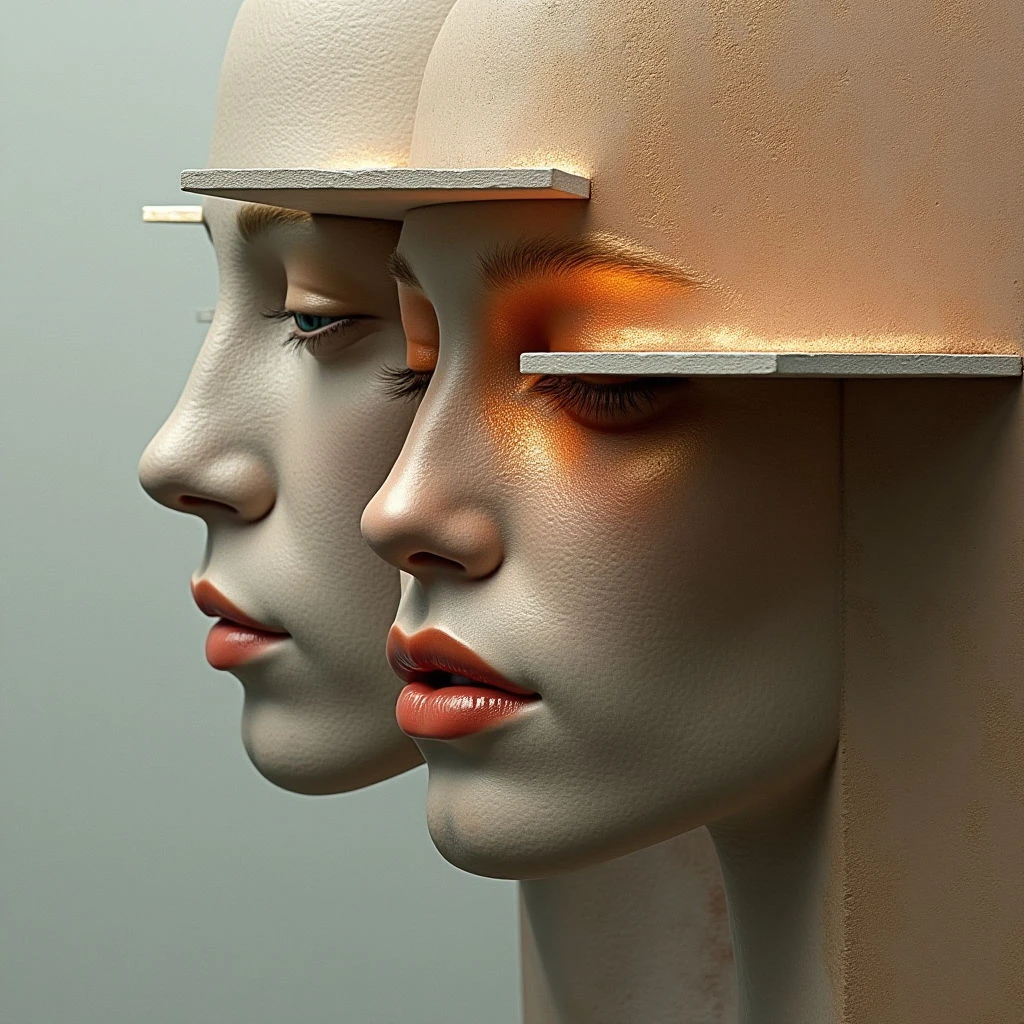 The image features two profiles of faces rendered in a pale peach tone, set against a muted grey background. Rectangular planes bisect the space between the faces at roughly eye level, illuminated with warm orange light that reflects onto the skin below. The textures appear smooth but subtly granular, and the spatial arrangement suggests a close proximity or mirroring of forms.