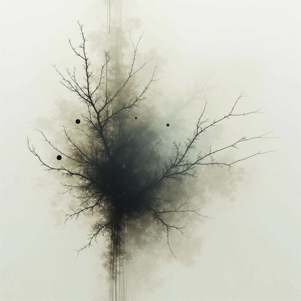 A dark, shadowy tree form spreads across a pale background, resembling ink bleeding into water. Delicate branches reach outwards from a dense central core, punctuated by several small black circles like distant fruit or notes. The overall impression is ethereal and slightly melancholic, with a sense of growth emerging from darkness.