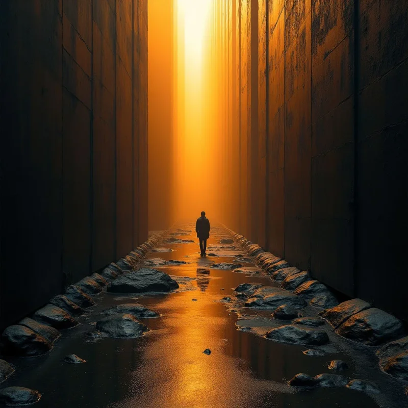 A solitary dark silhouette stands centered in a narrow corridor between two towering, textured vertical walls. A bright orange glow emanates from the far end of the passage, reflecting off a shallow pool of water filled with scattered grey rocks. The composition is defined by strong vertical lines and a symmetrical perspective that leads toward the intense light source.