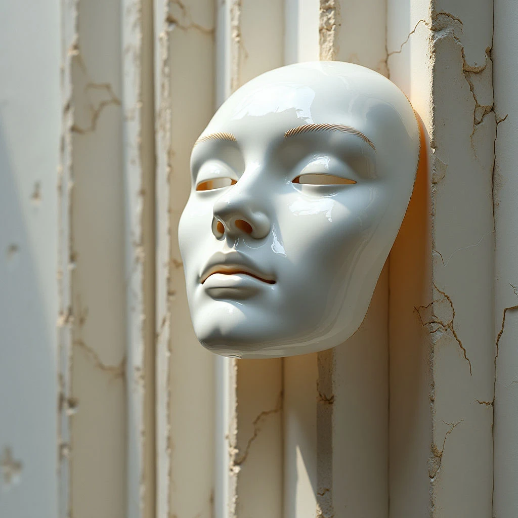 The image features a smooth, pale mask with delicate facial features affixed to a textured wall composed of vertical, rectangular forms. The color palette is largely monochromatic, consisting of off-white and cream tones with subtle variations in shading that highlight the mask’s contours and the cracks within the wall's surface. Light falls across both the mask and wall, creating reflections on the glossy mask and casting shadows that emphasize their three-dimensional qualities and the spatial separation between them.