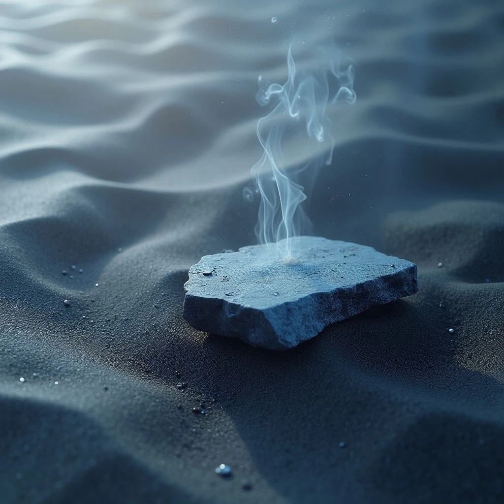 The image is dominated by cool tones of blue and gray, with a dark, textured surface resembling wet sand or stone. A roughly rectangular, flat object sits centrally in the foreground, emitting wisps of pale smoke that rise vertically. Light appears to come from above and slightly behind, creating subtle highlights on the water-like ripples and casting soft shadows around the central form, suggesting shallow depth.