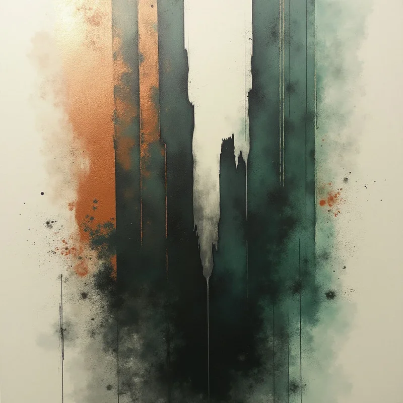 Vertical bands of copper, deep teal, and black descend through a pale cream background, transitioning from solid forms into soft, mist-like gradients. The composition features sharp, jagged edges at the top that bleed into textured splatters and smooth, dripping lines toward the bottom. Light appears to emanate from the upper left, casting a subtle glow across the metallic orange tones while creating deep shadows within the dark lower regions.