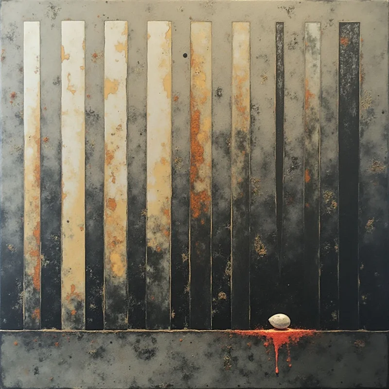 Vertical bars of varying widths transition from off-white at the top to deep black at the bottom against a muted gray background. The surface features gritty, mottled textures with patches of rust-orange and speckled debris scattered across the shapes. A single small, white oval sits near the base, accented by thin drips of bright red liquid flowing downward.