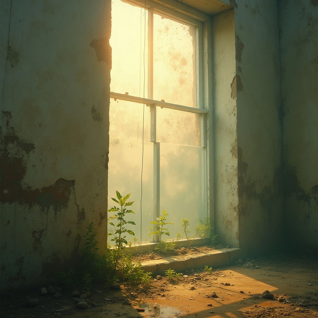 The image features a largely desaturated palette of pale greens and browns, with a strong golden wash emanating from a large window. Walls exhibit rough, peeling textures contrasting with the smoother surfaces of the window glass and concrete floor littered with small stones and sparse vegetation. Light floods the central space, creating distinct shadows that recede into darker corners and emphasize the depth of the room while plants grow at the base of the window frame.