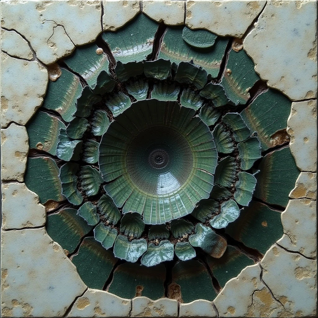 The image features a central circular void surrounded by concentric layers of textured green elements set within a cracked, pale beige field. The green components appear leaf-like and radiate outwards, contrasting with the rough, uneven surfaces of the surrounding material. Light catches the interior concavity, creating highlights that emphasize depth while casting shadows on the layered green forms.