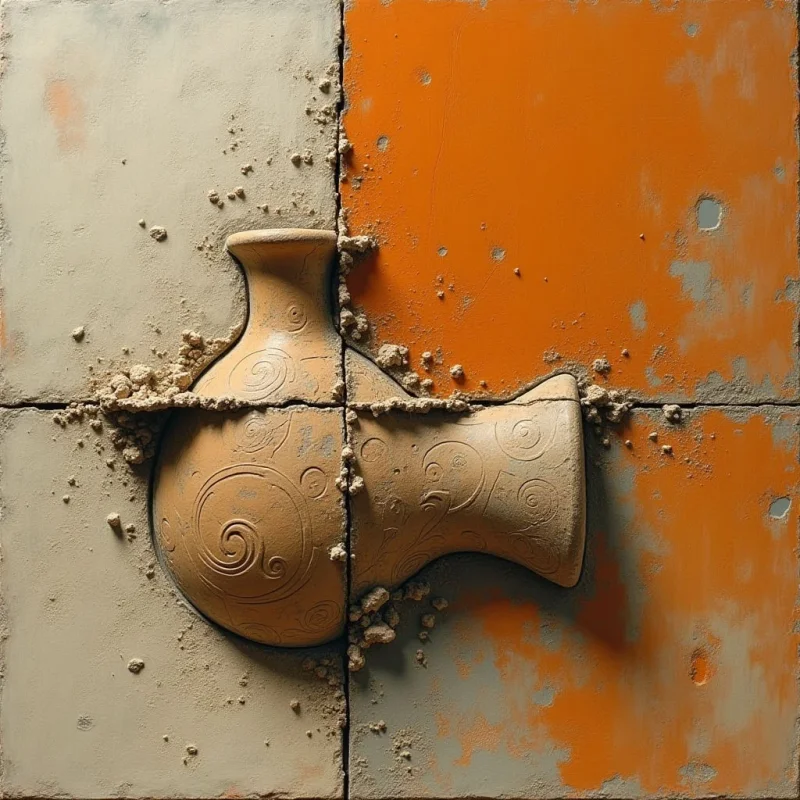 A tan, patterned ceramic vessel is split across four rectangular tiles of alternating cream and orange hues. The surface features swirling etched lines and a gritty, sandy texture scattered across the smooth planes. Light falls from the upper left, casting soft shadows that define the depth of the object against the flat background.