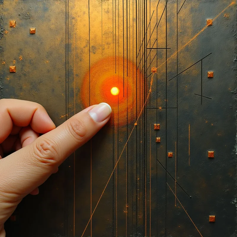 A large human finger points toward a glowing orange orb centered within concentric circular ripples against a dark, textured background. The composition features sharp vertical and diagonal lines intersecting with scattered, small cubic shapes in shades of amber and gold. Light radiates from the central sphere, creating a high-contrast relationship between the bright focal point and the deep, shadowy tones of the surrounding space.