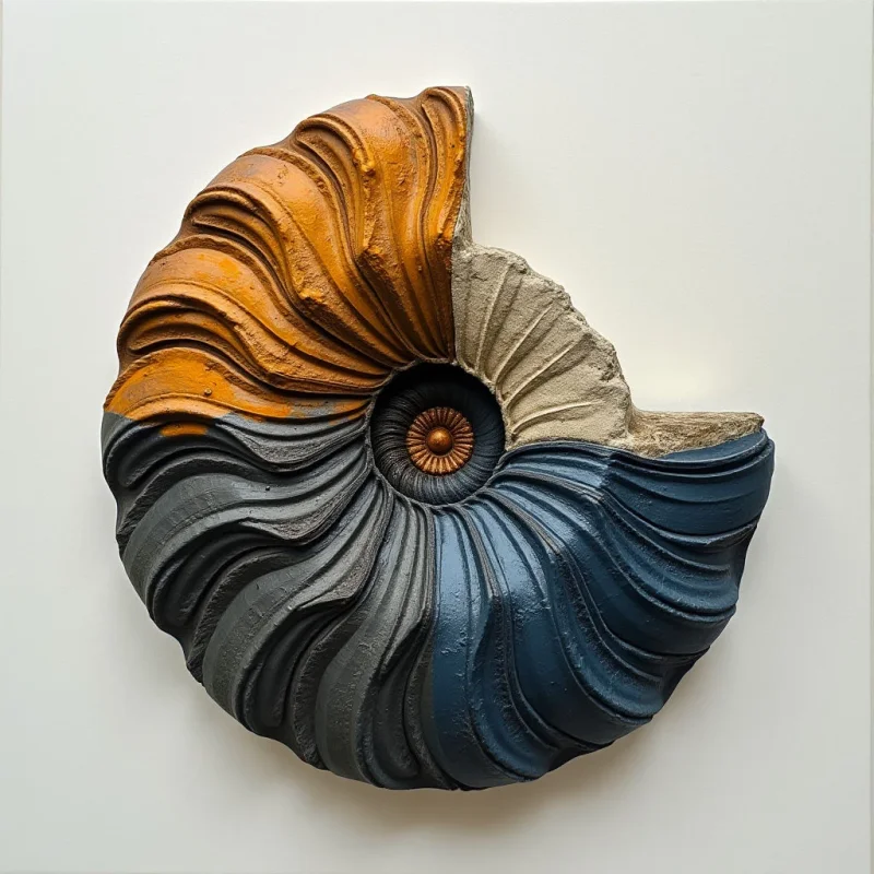 A large, spiral-shaped relief features deep ridges and a coarse, stony texture divided into segments of ochre, charcoal gray, and slate blue. The composition is centered on a white background, with light casting soft shadows within the grooves to emphasize its three-dimensional form. The segmented colors wrap around a central focal point, creating a sense of radial movement and depth.