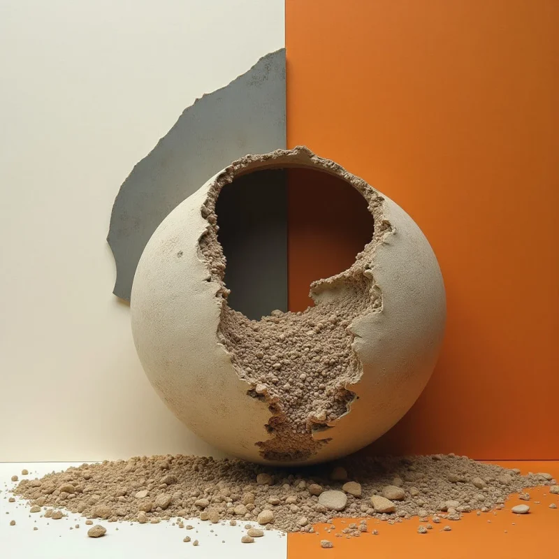 A large, beige spherical object with a rough, broken texture sits against a background divided into off-white and burnt orange sections. A jagged, dark gray shape intersects the upper left corner, while a pile of coarse, tan granules spills from the sphere's hollow center onto the foreground. Even light illuminates the scene, emphasizing the contrast between smooth color planes and granular surfaces.