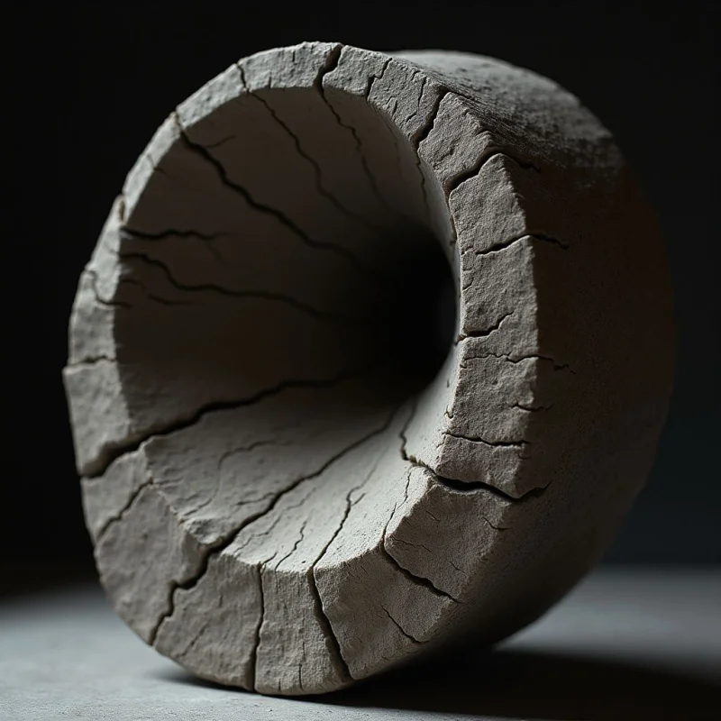 A thick, cylindrical object with a hollowed center features a monochromatic palette of muted grey and charcoal tones. The surface is heavily textured with deep, irregular cracks and fissures that radiate from the interior cavity toward the outer edges. Soft lighting creates subtle shadows within the crevices and a gentle gradient across the form, set against a dark, indistinct background.