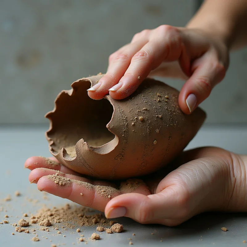 Two hands hold a large, broken brown eggshell covered in fine, sandy granules against a muted gray background. The composition features organic, rounded shapes and irregular edges where the shell has shattered, contrasted by the smooth skin of the hands. Soft, diffused light illuminates the scene, creating subtle shadows and highlighting the gritty texture of the particles scattered across the surface.