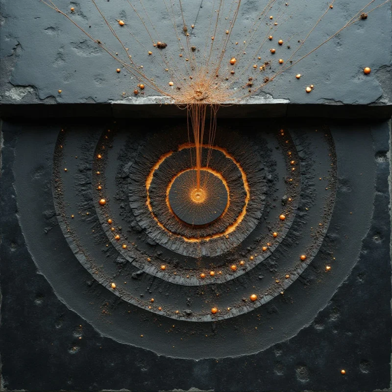 Concentric, textured circles in charcoal gray radiate from a central dark sphere, accented by rings of fine orange grit and scattered amber droplets. Thin, copper-colored lines extend upward from the center, fanning out across a rugged, matte black surface. The composition is defined by a stark contrast between the deep shadows of the stone-like textures and the luminous, metallic highlights of the orange elements.