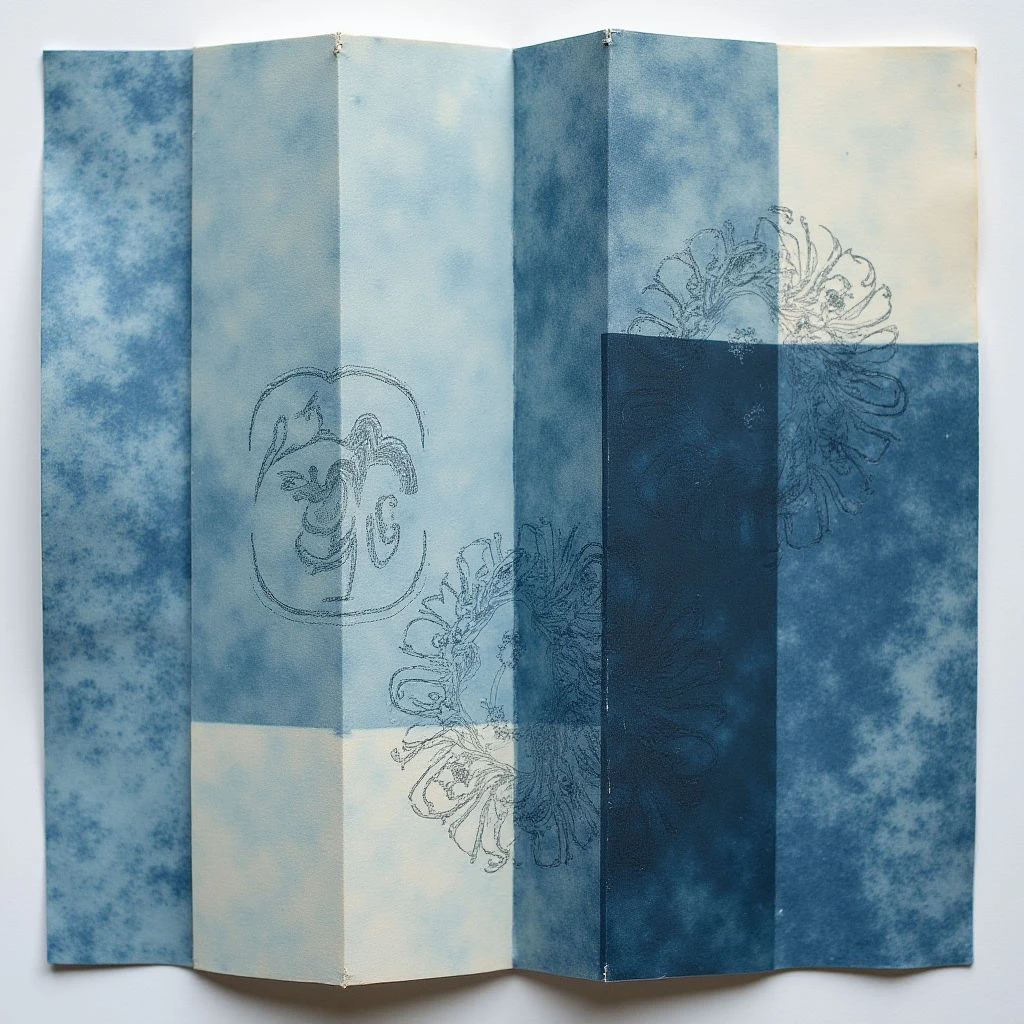 The image depicts a folded paper piece with varying shades of blue and pale tan. A mottled texture covers most surfaces, contrasting with the clean lines of sketched floral shapes and facial outlines in gray. Spatial relationships are defined by rectangular divisions within the folds, creating layered views of the patterns and figures as they overlap across the panels.
