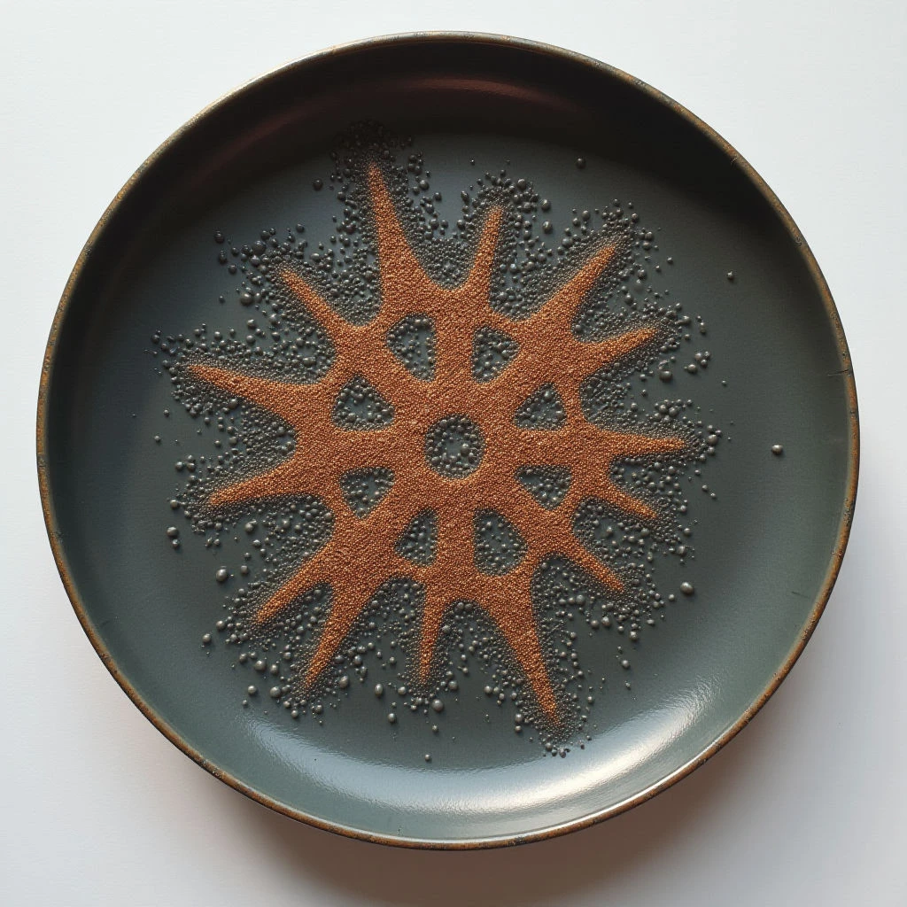 The image features a circular plate with a muted teal base and a darker brown rim. A radial pattern composed of small, dark spheres and reddish-brown granular material occupies the center of the plate, creating a textured, starburst effect. Soft, diffused light highlights the varying surfaces and casts subtle shadows within the arrangement, emphasizing its three-dimensional form against the flat background.