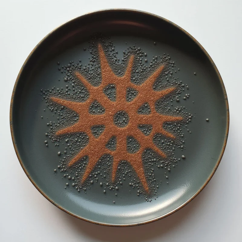 The image features a circular plate with a muted teal base and a darker brown rim. A radial pattern composed of small, dark spheres and reddish-brown granular material occupies the center of the plate, creating a textured, starburst effect. Soft, diffused light highlights the varying surfaces and casts subtle shadows within the arrangement, emphasizing its three-dimensional form against the flat background.