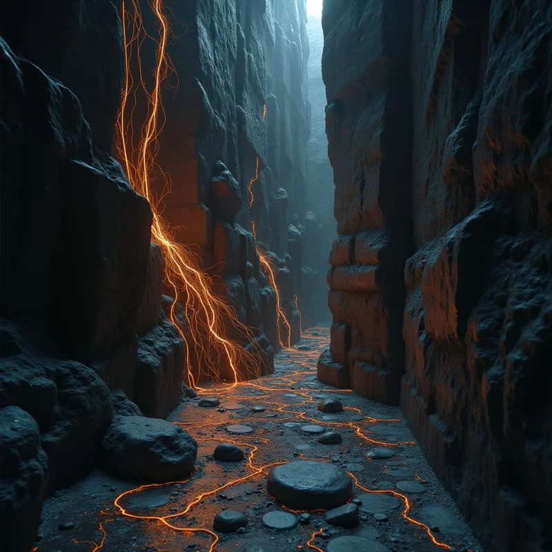 Dark, jagged rock walls with rough, craggy textures frame a narrow canyon floor composed of smooth, rounded stones. Glowing orange veins of light snake through the crevices of the cliffs and weave between the rocks on the ground. A cool, misty blue light filters from above, creating a sharp contrast against the warm, luminous lines of energy.