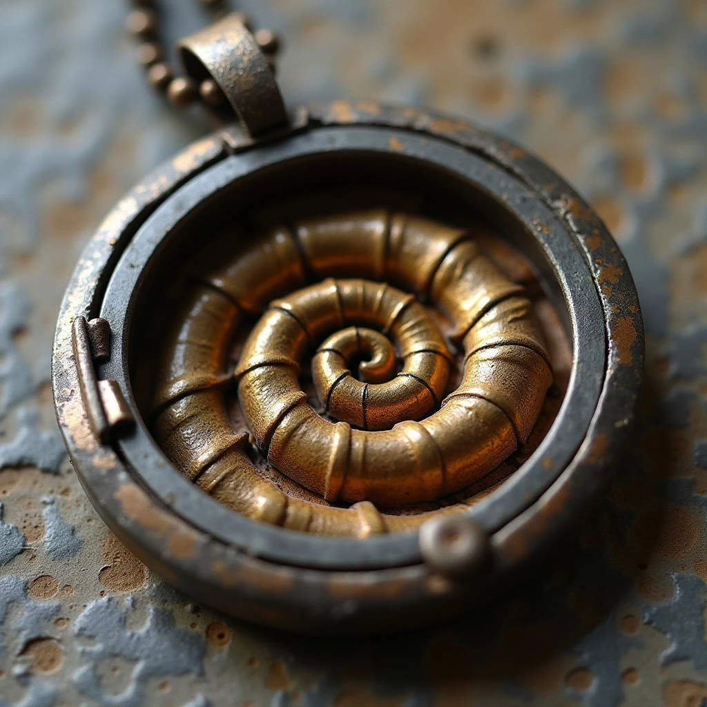 The image centers on a circular pendant featuring a coiled spiral element in warm gold tones contrasted by a darker, textured metal frame. The surface of the spiral appears segmented and slightly rough, while the frame exhibits a more granular texture with visible tooling marks. Light sources create highlights along the raised edges of both elements, casting subtle shadows within the coil’s depths and around the pendant's perimeter, suggesting depth and form against a similarly textured background.