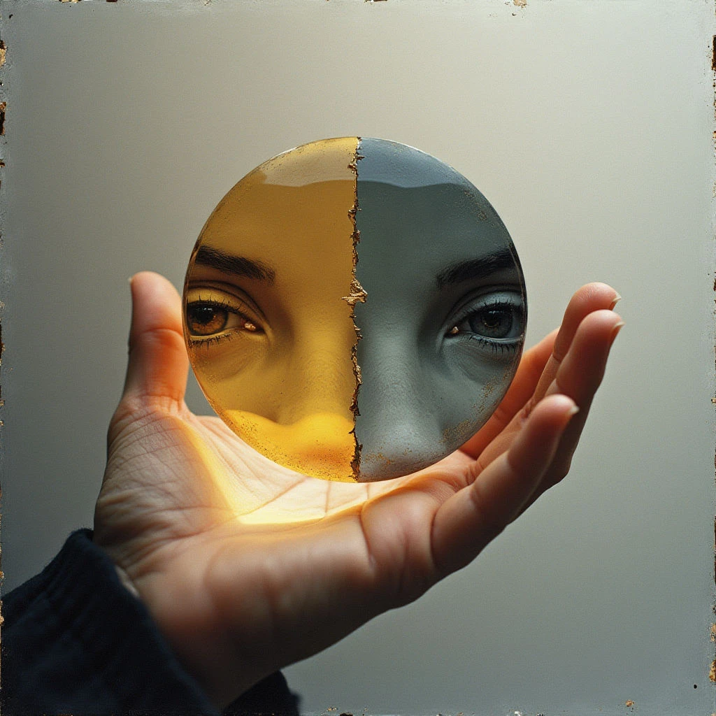 A pale hand cradles a spherical object bisected into two distinct color fields—warm gold on one side and cool gray on the other—with an eye visible within each half. The sphere’s surface appears smooth and reflective, contrasting with the textured skin of the hand and subtle variations in tone across both facial portions. Light emanates from the golden side, creating a soft glow that diminishes towards the darker gray area and casts shadows on the surrounding space, which is otherwise neutral and muted.