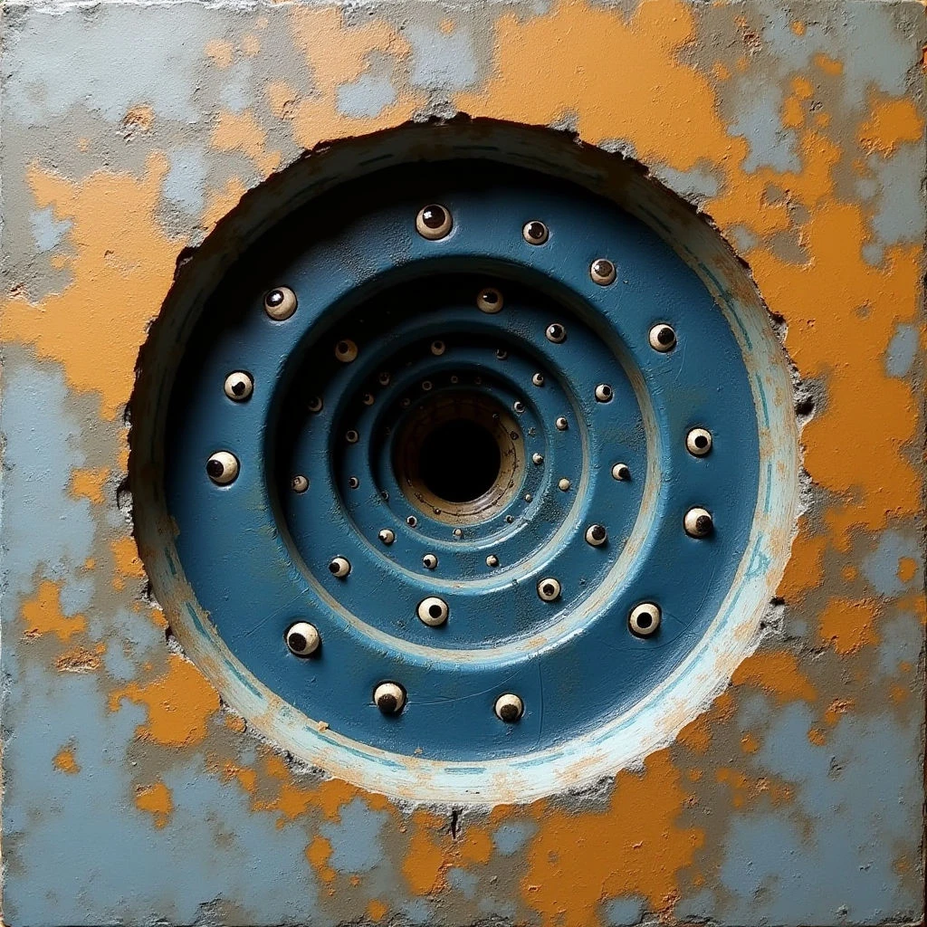 The image features a central circular opening of teal blue within a roughly square field of faded orange and gray. The surrounding surface exhibits a rough texture with areas of peeling paint and visible wear, contrasting with the smoother, concentric rings inside the circle. Light appears diffuse, creating subtle shadows within the hole and highlighting variations in the weathered surfaces.