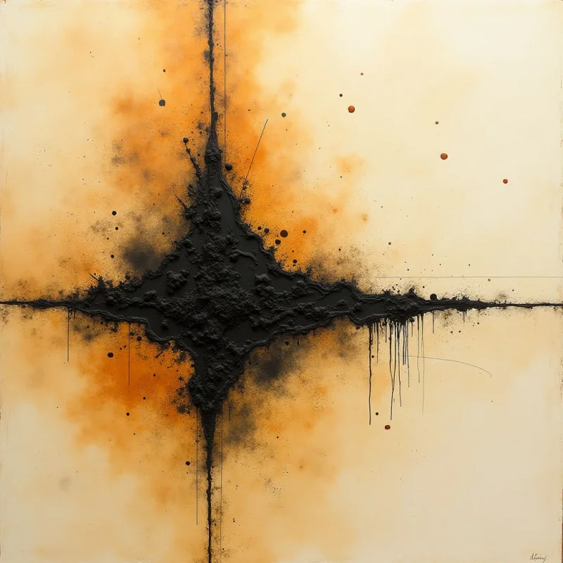 A dark, textured central mass forms a jagged cross shape against an off-white background layered with diffused orange and amber clouds. Fine black lines and thin drips extend from the core along vertical and horizontal axes, creating a sense of directional movement. The composition features a high contrast between the heavy, granular center and the soft, ethereal gradients of the surrounding space.