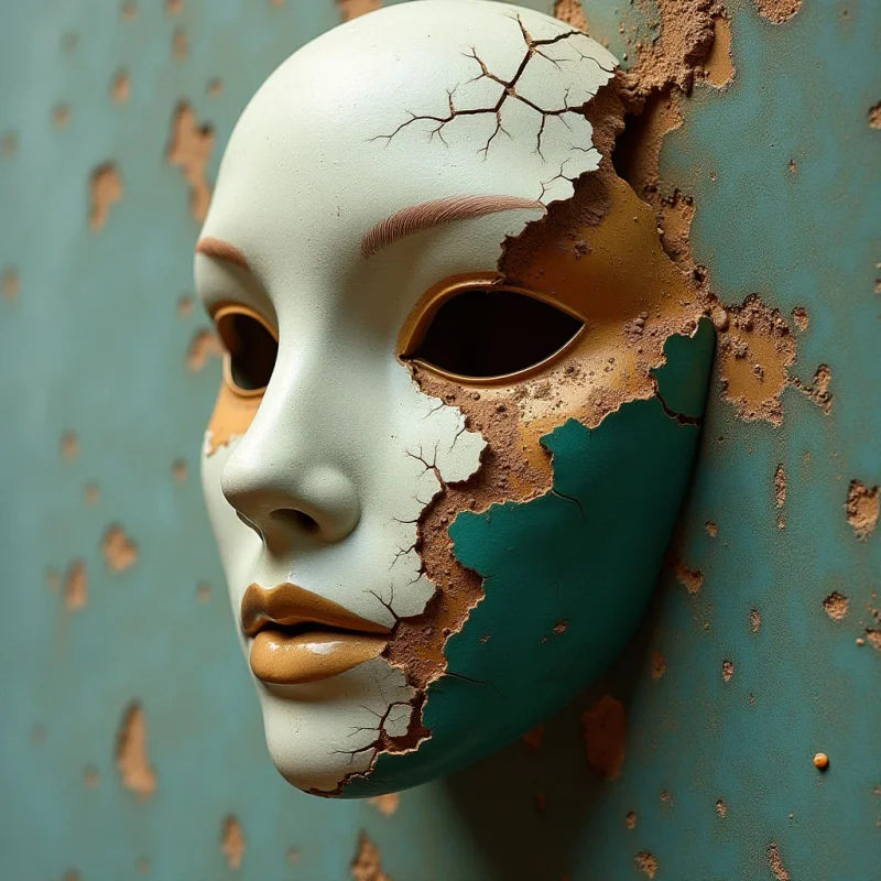 A white, cracked mask with tan lips and eyebrows is partially embedded in a textured teal surface. Jagged, earthy brown sections break through the smooth face of the mask, creating a layered effect of crumbling material. The lighting is soft and directional, casting subtle shadows that emphasize the depth between the mask and the background.
