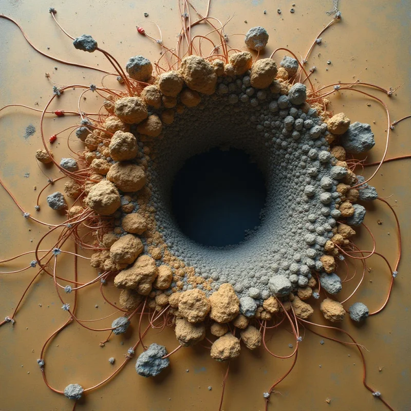 A dark, circular void is centered within a ring of irregular, pebble-like shapes in shades of tan, ochre, and grey. Fine, spindly lines extend outward from the textured cluster across a smooth, matte mustard-yellow surface. Light appears diffused, casting soft shadows that define the granular textures and create depth within the central depression.