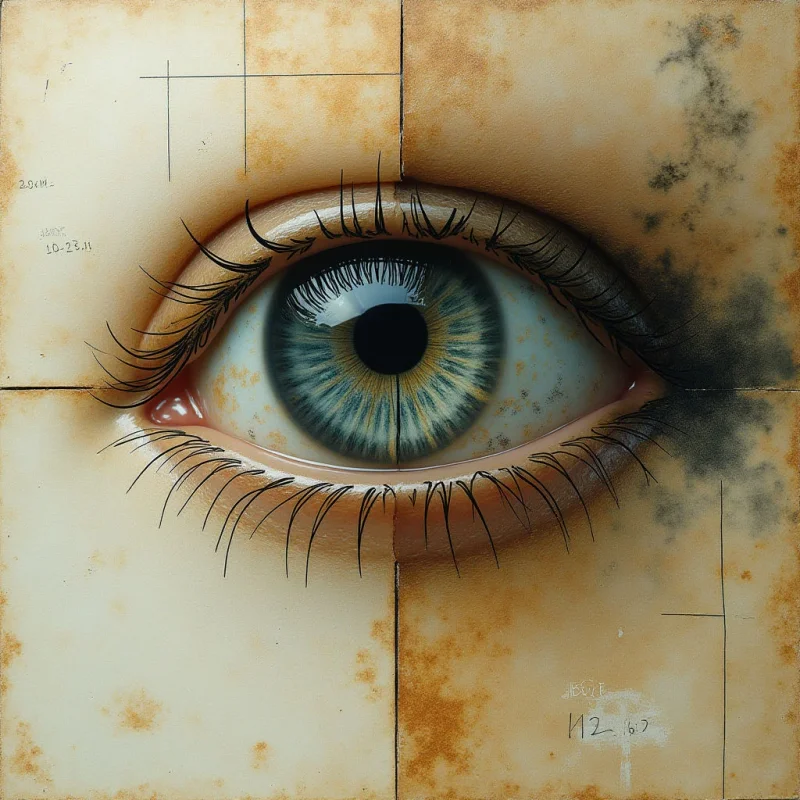 A large human eye with a blue and grey iris is centered within a grid of tan, parchment-like squares. Dark, thin eyelashes radiate from the upper and lower lids, contrasting against the light, textured background that features faint markings and dark smudges. The composition relies on a central focal point surrounded by geometric lines and organic skin tones.