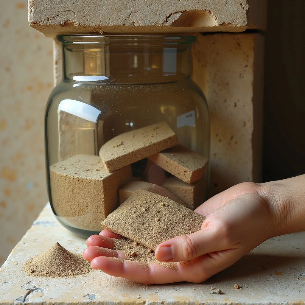 The image features a predominantly warm color palette of beige and brown tones, with contrasting clear glass. Rough, granular textures are visible on the brick fragments and the surface they rest upon, while smoother textures appear on the hand and within the jar. Light enters from above and to the left, creating highlights on the glass and casting shadows that define spatial relationships between the objects—a hand extending toward a pile of fragmented material near a full jar, all set against a textured wall.