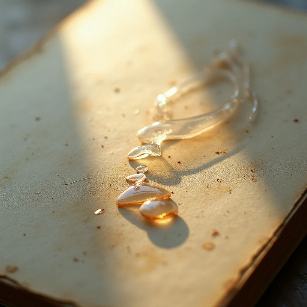 The image features a warm palette of beige and amber tones dominating a textured surface with scattered dark flecks. A translucent, viscous substance forms irregular droplet shapes across the plane, catching light to create highlights and subtle refractions. Strong directional light casts shadows that define the form of the droplets and suggest a shallow depth within the composition.