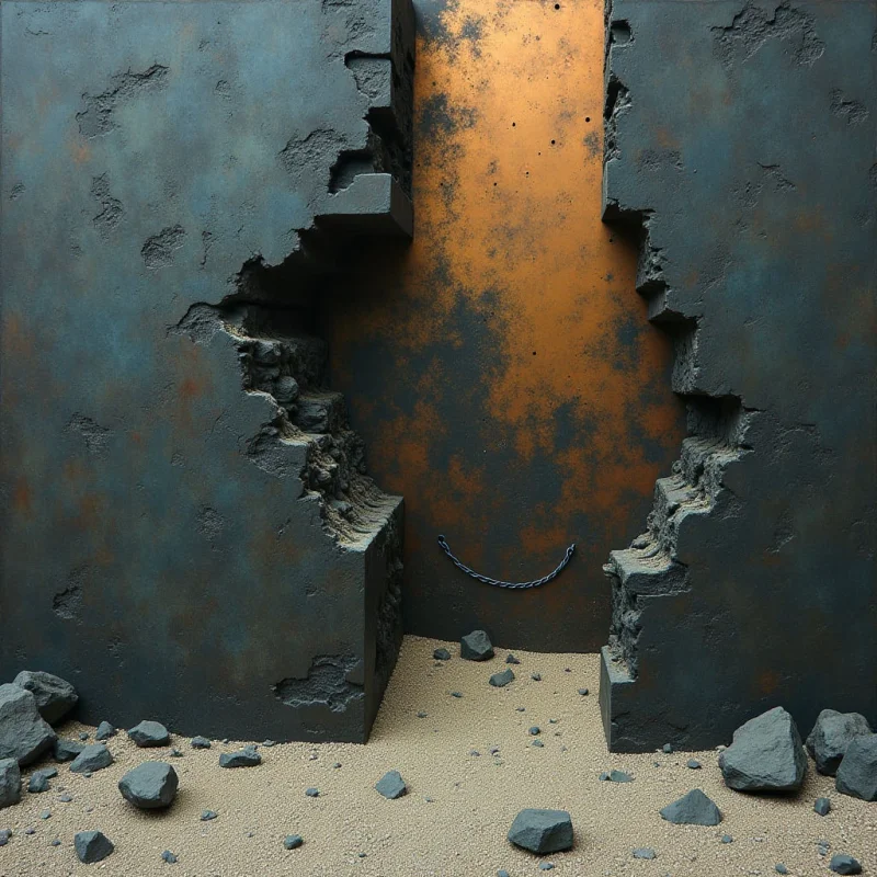 A large, jagged opening in a dark, textured grey wall reveals a smooth, metallic copper surface behind it. The foreground consists of a sandy ground scattered with small, irregular rocks, creating a sense of depth between the outer wall and the inner plane. Light appears even across the scene, highlighting the rough, pitted textures of the stone and the subtle gradients on the metal backdrop.