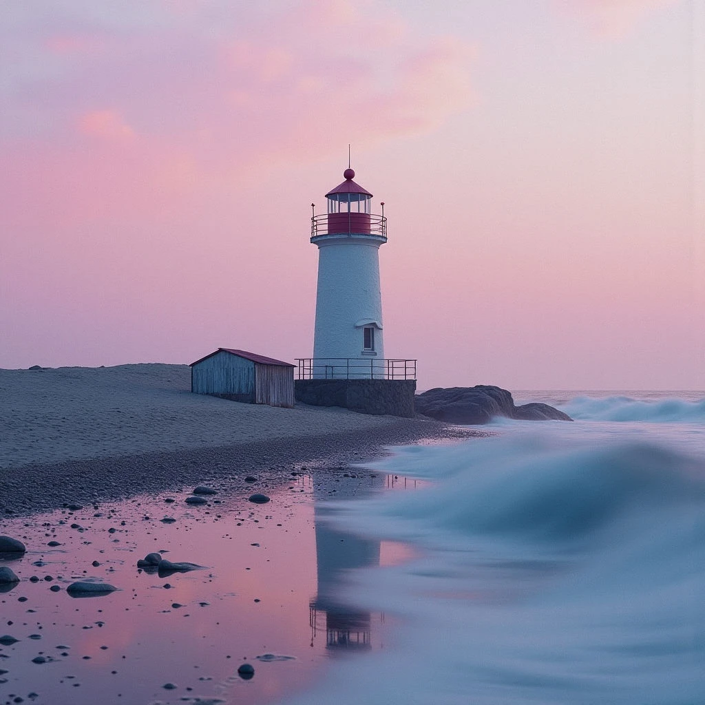 The image features a white cylindrical lighthouse standing on a rocky outcrop beside a dark, pebbled beach. Soft pink and lavender hues dominate the sky, which is reflected in the wet sand and blurred waves along the shore. The lighthouse’s smooth form contrasts with the rough textures of the rocks and the flowing shapes of the water, while even light illuminates the structure and surrounding land.