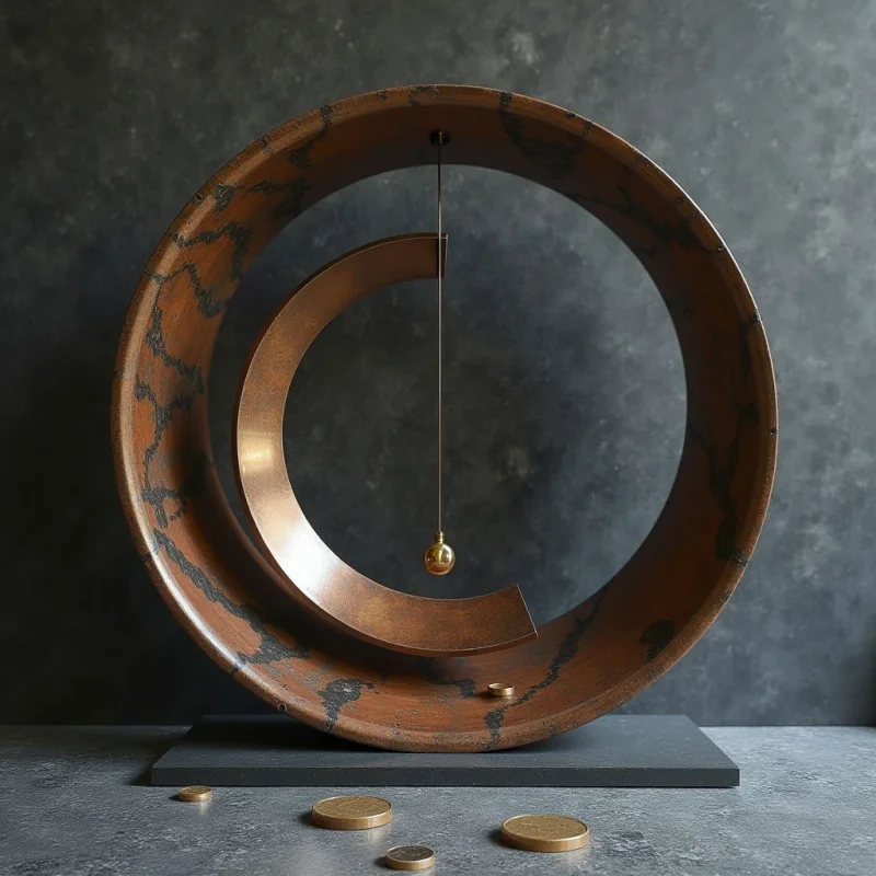 A large, circular ring with a mottled brown and black texture surrounds a smaller, inner crescent shape of a similar material. A thin vertical rod suspends a small gold sphere in the center of the composition, while several flat gold discs are scattered across the dark, textured base below. Soft light illuminates the metallic surfaces and creates subtle shadows within the curved spatial layers.