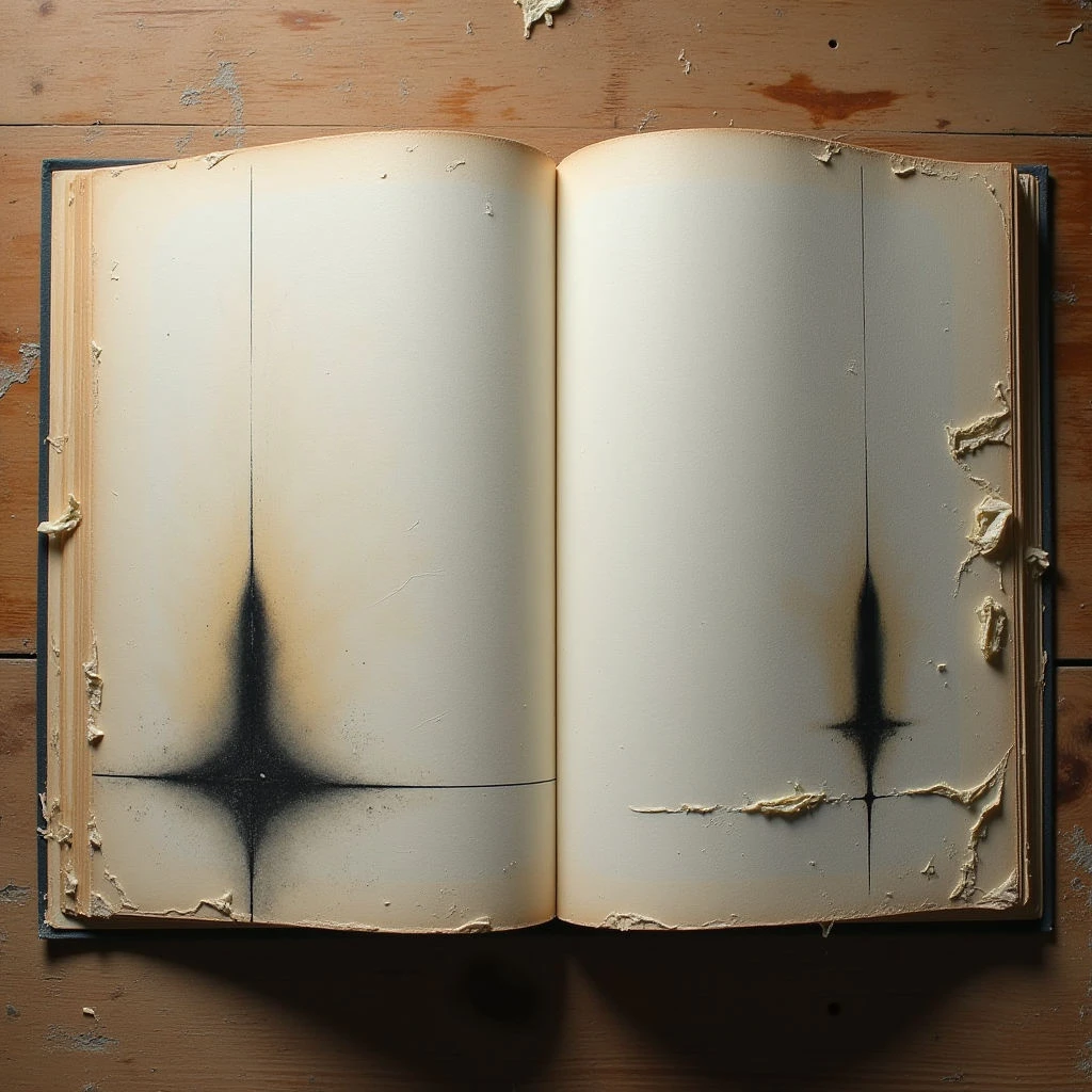An old, thick book lies open on a wooden surface. Its pages are blank except for dark, shadowy stains resembling teardrops that run vertically down the center of each side. The edges of the pages are worn and frayed, hinting at age and possible damage.