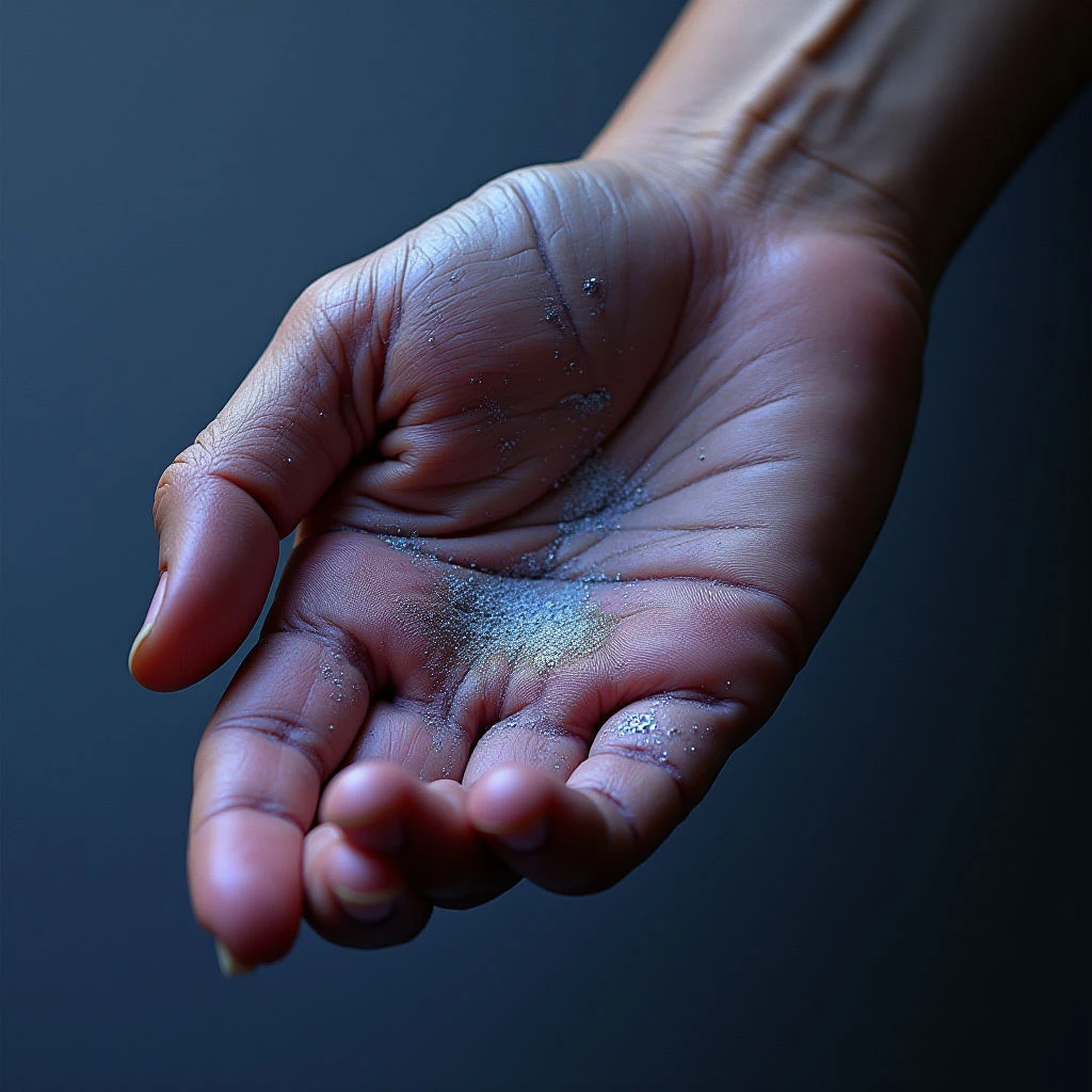 The image features a dark-skinned hand held open with a scattering of fine, glittering particles resting in its palm. The skin tones range from warm browns to reddish hues, contrasted by the cool silver and gold shimmer of the granules, while the background is a muted, deep blue. Light appears to be focused on the hand itself, creating subtle highlights and shadows that emphasize the texture of the skin and the spatial depth between the hand and the background.