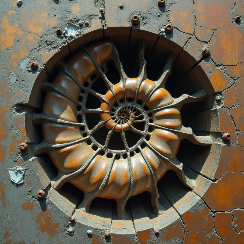 A spiral nautilus shape in warm ochre and copper tones is embedded within a circular opening of a weathered, textured surface. The composition features organic, rounded forms contrasting against a cracked, matte grey and rust-colored background. Light casts deep shadows within the crevices of the shell and the surrounding frame, emphasizing the three-dimensional depth of the central structure.