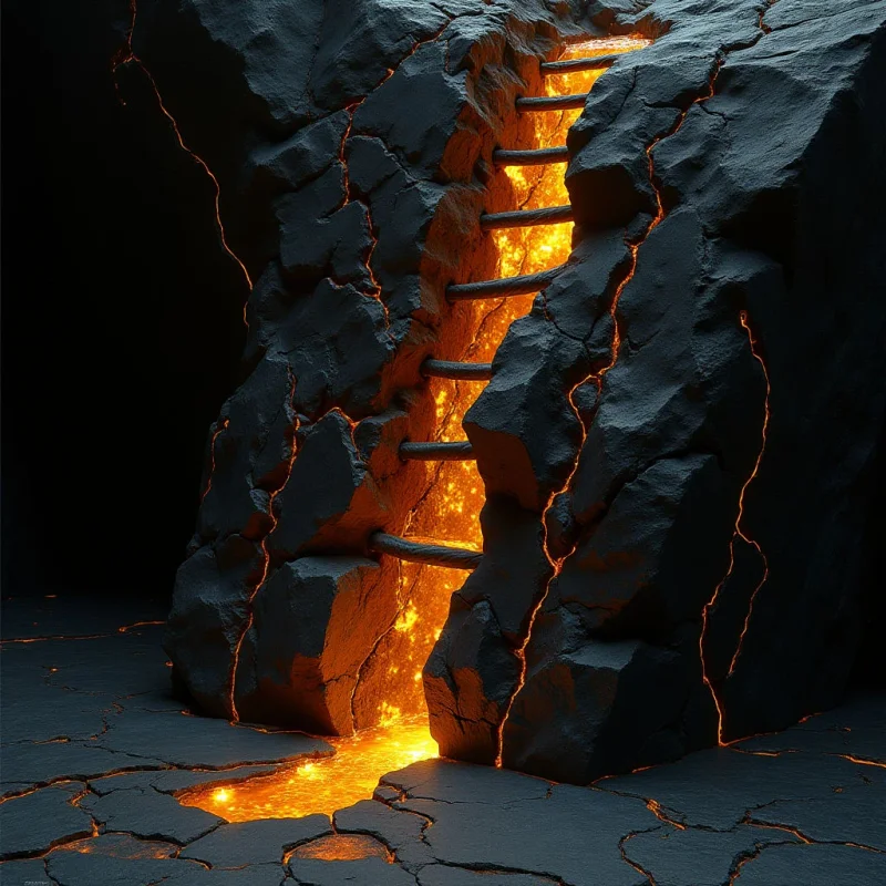 Glowing orange lava flows through deep crevices in dark, textured volcanic rock, forming a stepped path between two large stone masses. The composition features jagged, irregular shapes and sharp cracks that emit a warm light against the cool, matte black surfaces. A small pool of molten liquid rests on the cracked ground at the base of the central divide.