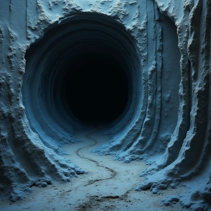 A dark, circular void sits at the center of a blue-toned cavern with heavily textured, ridged walls. A winding path of granular sand leads from the foreground into the deep shadows of the tunnel. The lighting is soft and diffused, highlighting the rough surfaces of the surrounding formations while fading into total darkness in the distance.