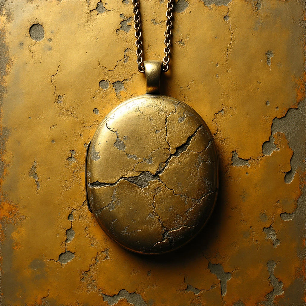 The image is dominated by shades of gold and brown, with a warm, muted palette throughout. A cracked circular pendant hangs from a delicate chain against a heavily textured background of similar tones featuring irregular holes and fissures. Light appears to originate from the upper left, creating highlights on the pendant's surface and emphasizing its fractured details while casting subtle shadows across both it and the surrounding area.