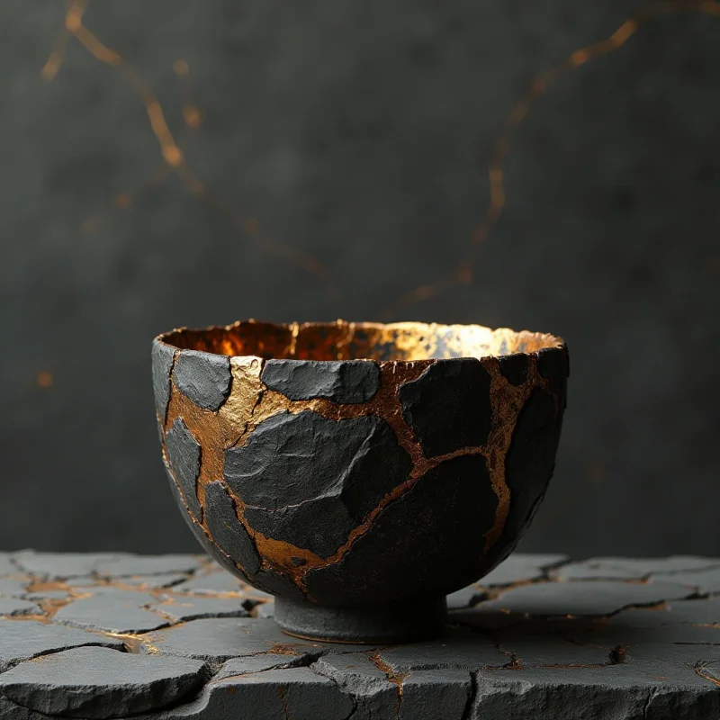 A dark, textured bowl with irregular gold veins sits centrally on a matching cracked surface against a muted charcoal background. The composition features organic shapes and rough, stone-like textures contrasted by the smooth, reflective glint of metallic gold. Soft light illuminates the interior of the bowl and highlights the jagged edges of the cracks in both the vessel and its base.