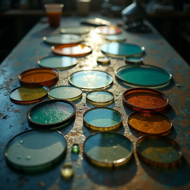 A collection of circular objects in varying hues—primarily oranges, greens, and yellows—are scattered across a dark, textured surface. Light sources create bright reflections on the glossy surfaces of the circles and illuminate patches of the surrounding area, contrasting with deeper shadows throughout the composition. The arrangement feels relatively flat, with overlapping shapes suggesting depth but lacking strong perspective cues.