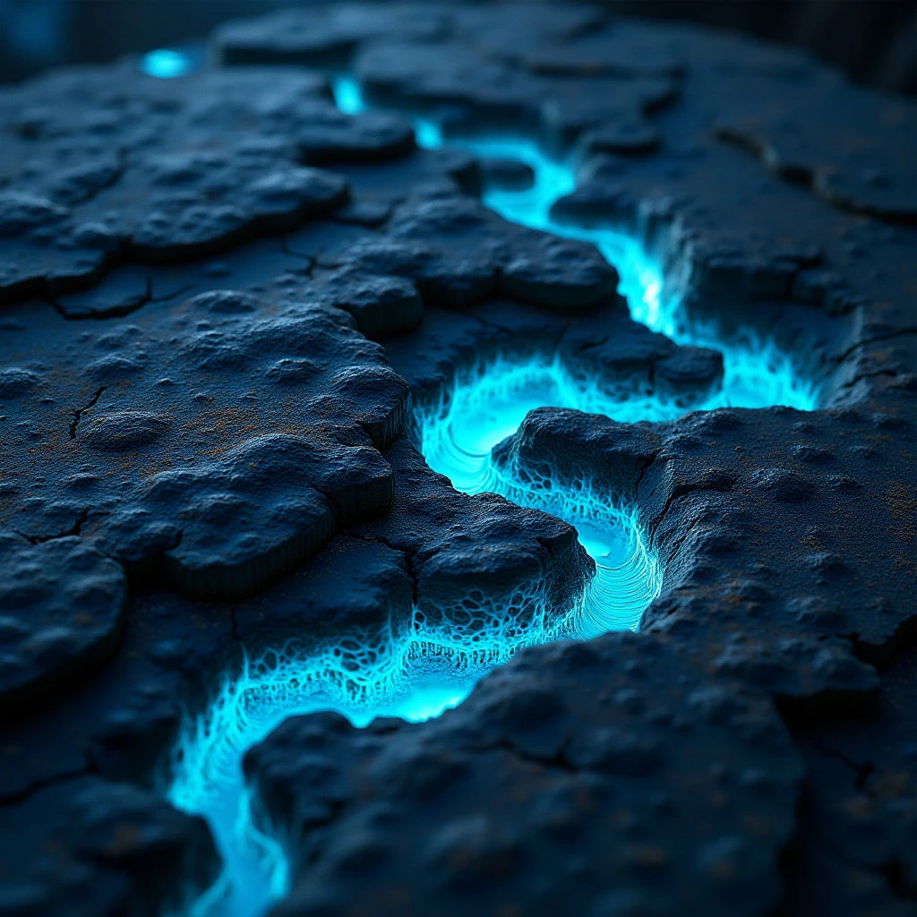 The image is dominated by deep blues and teals, with brighter, glowing cyan lines tracing pathways across a rough surface. The texture appears rocky and uneven, composed of fractured polygonal shapes that create both large planes and smaller, granular details. Light emanates from within the cyan lines themselves, casting subtle illumination on the surrounding dark forms and suggesting depth through shadowed crevices.