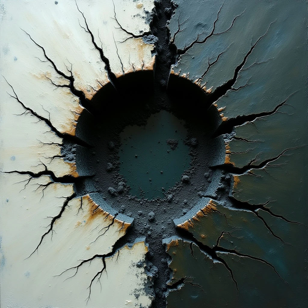The image features a stark division between pale, creamy white and deep teal surfaces, both heavily textured with branching cracks radiating from a central void. A dark, almost black hole dominates the center, surrounded by a rough ring of raised material in shades of gray-blue and hints of rust coloring. Light appears to emanate subtly from within the central darkness, creating contrast against the surrounding areas and emphasizing the three-dimensional quality of the fractured forms.